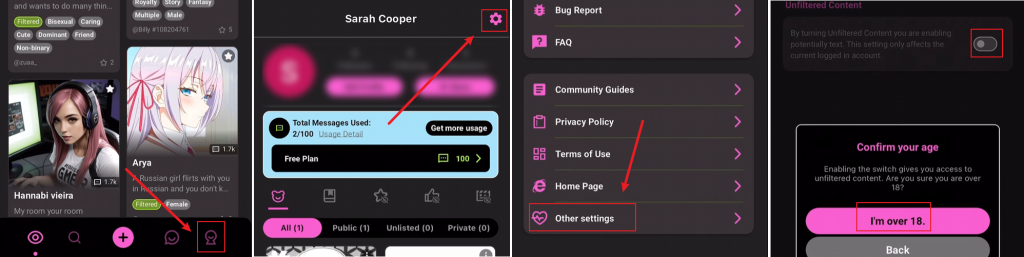 How to unfilter CrushOn AI NSFW Character AI chat?